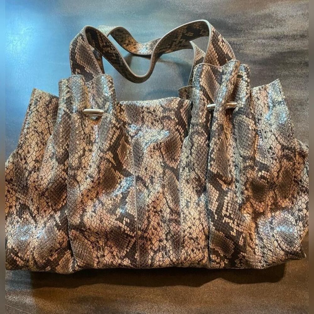 Barr + Barr Tote Bag Womens Large Brown Snakeskin Embossed Genuine Leather Purse